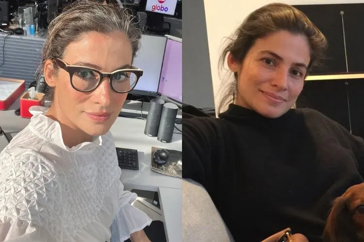 Montagem com duas fotos, sendo uma da jornalista Renata Vasconcellos e outra da sua irmã gêmea Lanza Mazza
