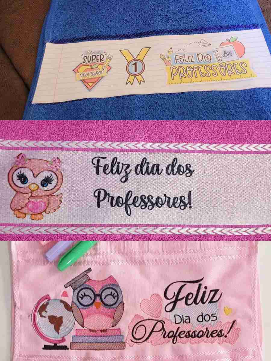 3 imagens em 1 montagem: toalhas de mão com bordados de Dia dos Professores.