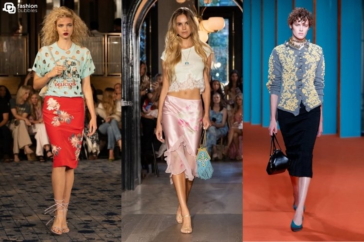 Modelos nos desfiles de Conner Ives, LoveShackFancy e Tory Burch usando saia na altura do joelho, uma das tendências da NYFW Primavera Verão 2027