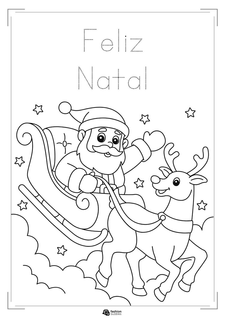 Cartão de Natal para colorir, mostrando Papai Noel sorrindo em seu trenó puxado por uma rena. Estrelas estão no céu e a frase "Feliz Natal" está acima. Ideal para crianças.