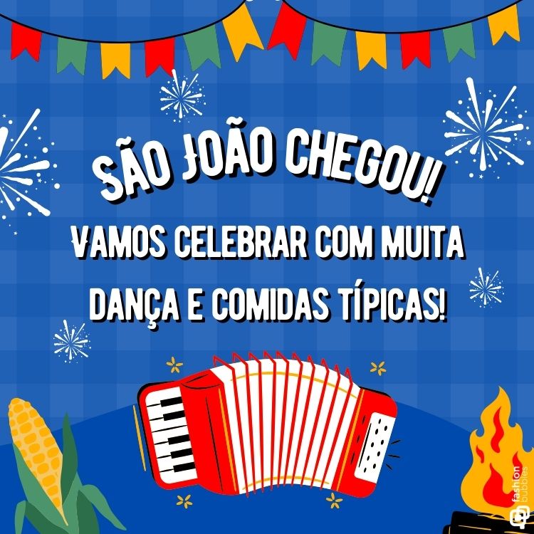 Frase do Dia de São João escrita em fundo xadrez azul com desenhos de milho, fogueira, bandeirinha e sanfona
