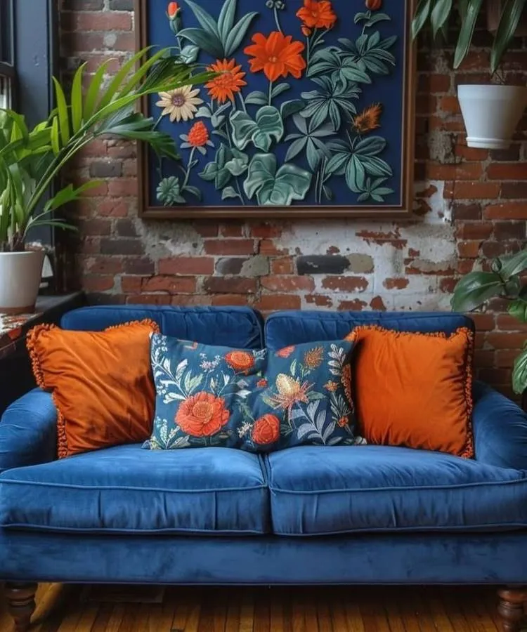 Uma sala vibrante com sofá azul aveludado e almofadas para sala em tons de laranja e florais. A parede de tijolos aparentes exibe uma obra de arte floral em relevo sobre fundo azul. Plantas verdes em vasos decoram o ambiente, criando um espaço acolhedor e com personalidade.







