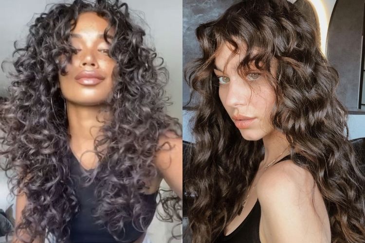 Duas fotos de mulheres com curtain bangs cabelo cacheado