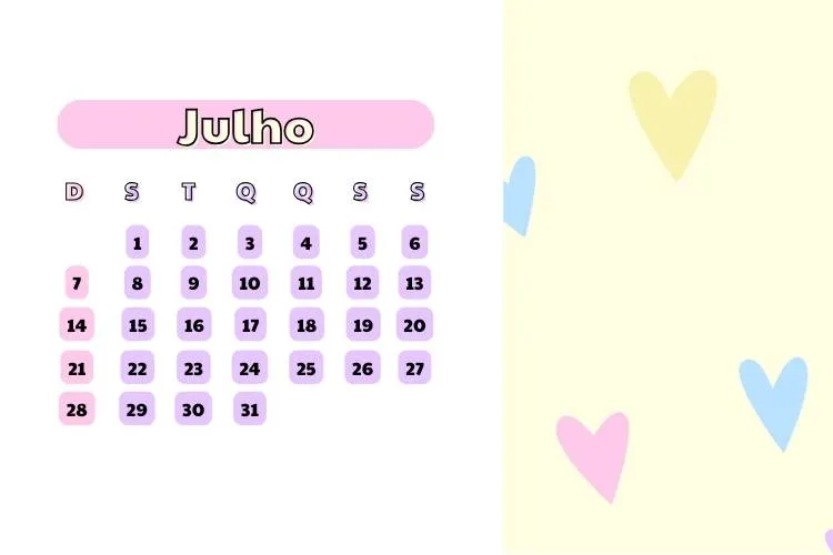 Calendário de julho de 2024 com corações.