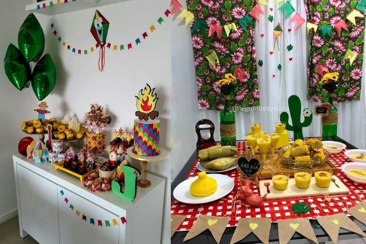 A imagem representa uma decoração de festa junina colorida em casa. Contém mesas com comidas como milho, cural, pamonha, pirulitos, além de enfeites como cactos, balões, bandeirinhas, etc