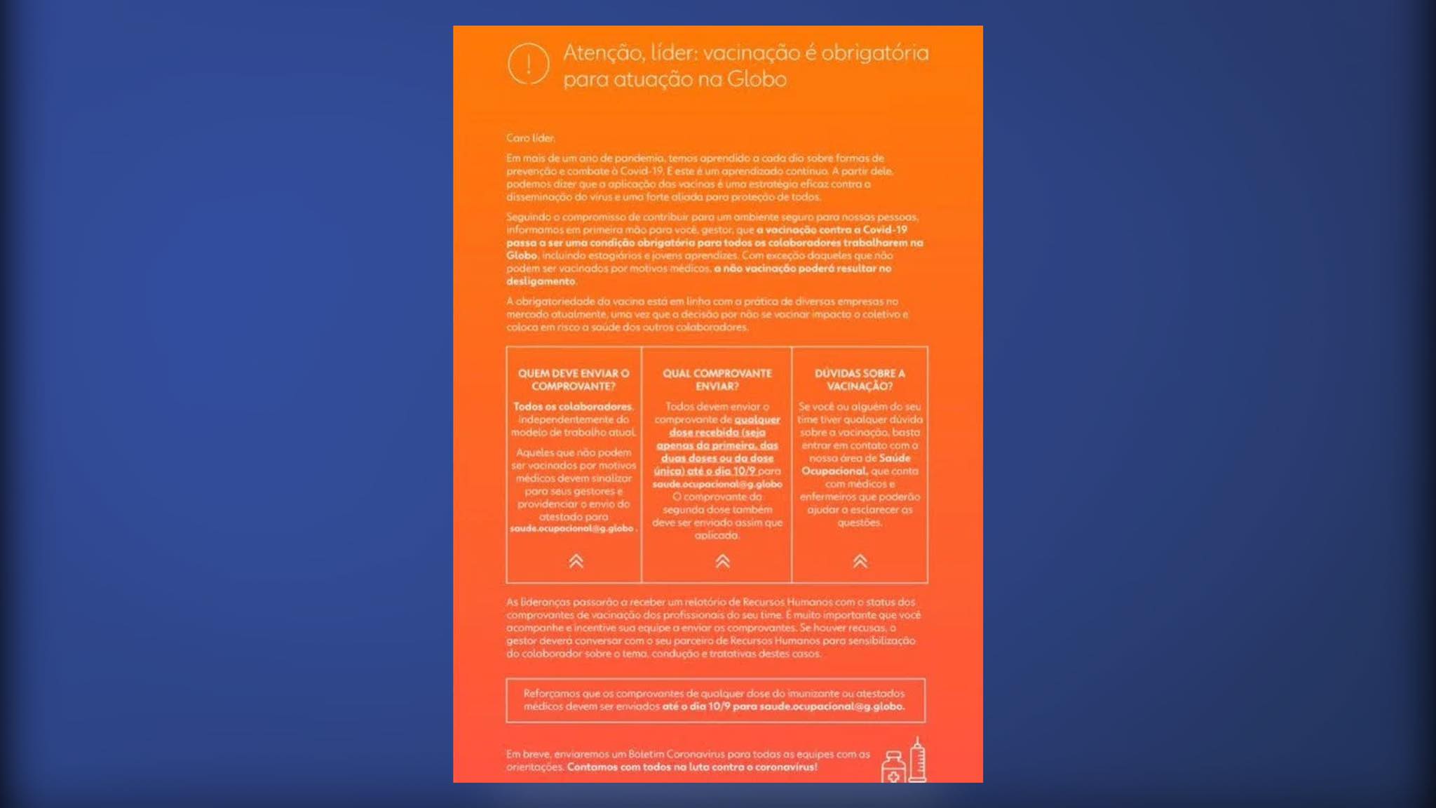 Globo emite comunicado sobre a obrigatoriedade da vacina em seus colaboradores. Fonte: Site/ Notícias da TV