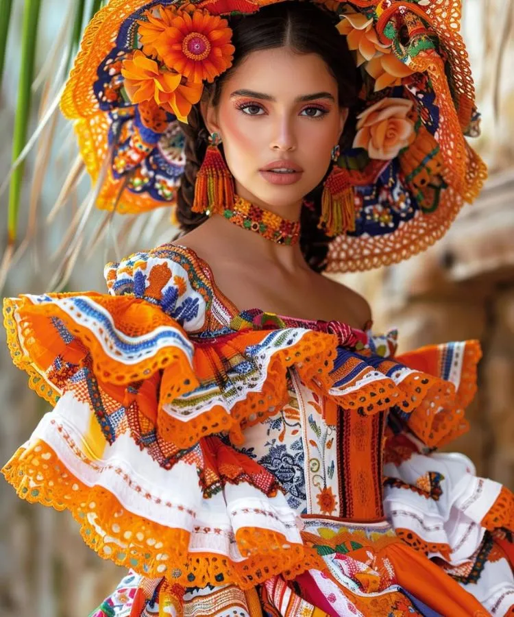 Uma modelo posa com um vestido de inspiração mexicana laranja e branco com babados. O corpete é justo, e as mangas são volumosas e em camadas. A modelo usa um chapéu grande e decorativo, brincos de tassel e um colar gargantilha combinando.


Fontes
