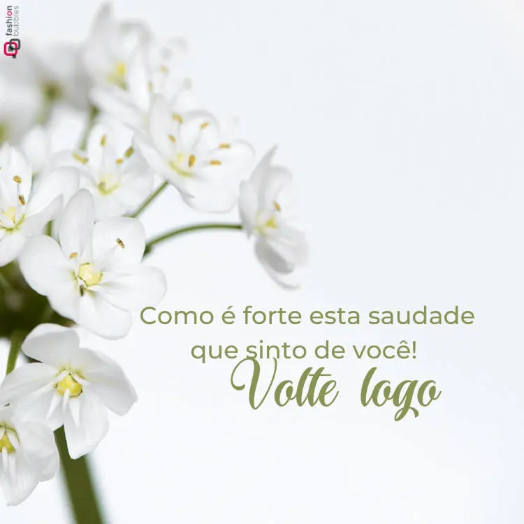Foto de flores brancas com frase em verde "Como é forte esta saudade que eu sinto de você. Volte logo!"
