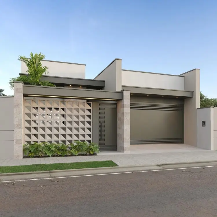Fachada de casa moderna com tons neutros, detalhes em cobogós, pedra natural e portão metálico. Design linear e minimalista com paisagismo discreto. Iluminação embutida e plantas verdes destacam o estilo contemporâneo, harmonizando segurança e estética arquitetônica.