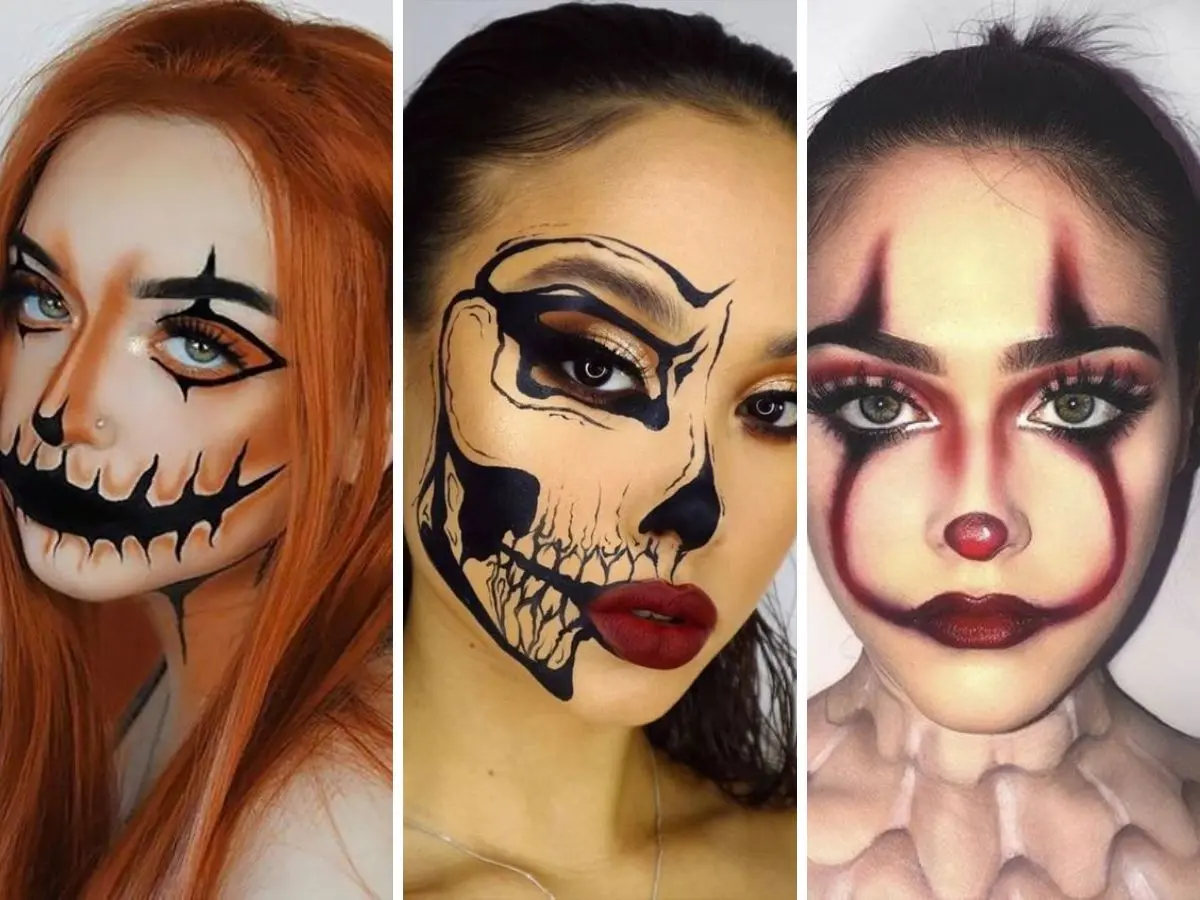 Montagem com 3 fotos de mulheres fantasiadas, uma de abóbora, outra de caveira e outra de palhaço