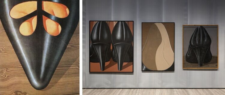 domenico gnoli, sapatos feminino, sapato de salto alto, moda e arte, milão foto da esquerda close da parte da frente de uma sapato com fendas mostrando os dedos. Foto da direita 3 quadros de Domenico Gnoli de sapatos pretos