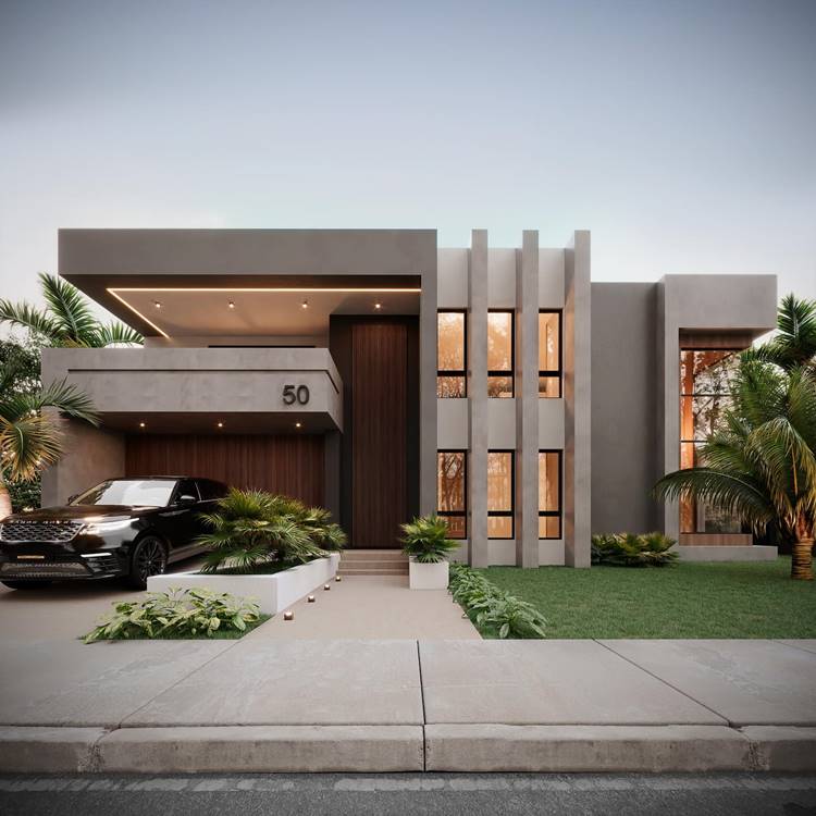 Fachada de casa moderna, com design geométrico, paredes cinza e janelas grandes. O piso inferior é predominantemente um espaço aberto que serve como garagem