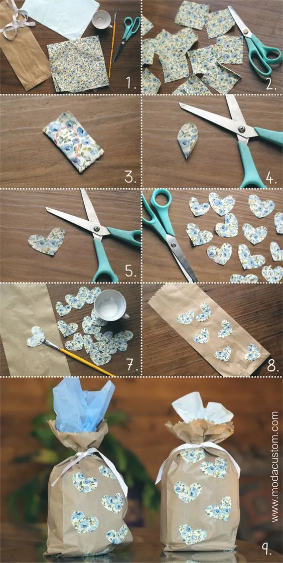 Passo a passo decorando embalagem de papel com corações de tecido