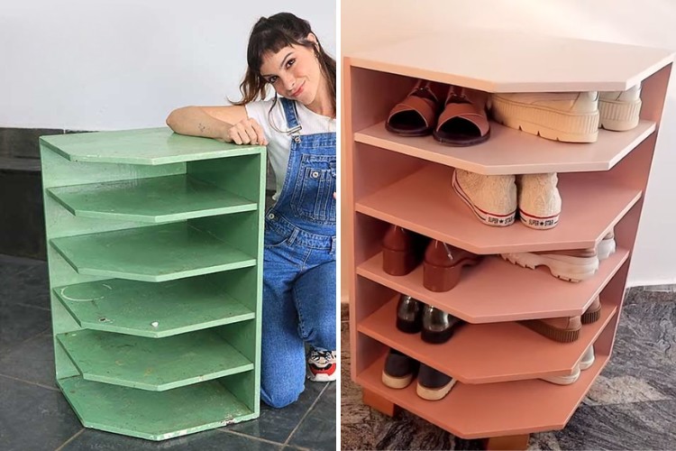Montagem de antes e depois de sapateira verde que foi pintada em rosa 