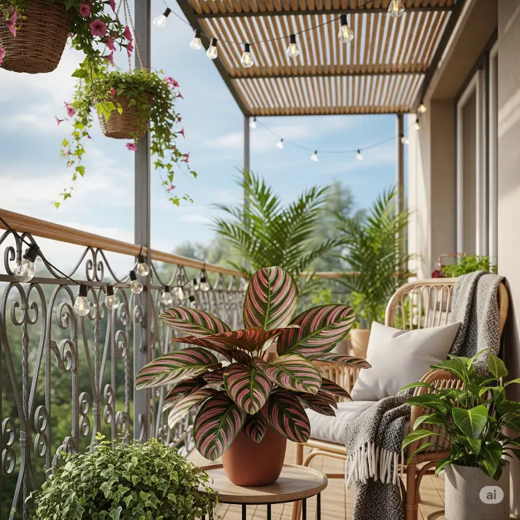 Varanda aconchegante com uma grande planta Maranta de folhas em tons de verde e rosa em um vaso de terracota. A varanda tem cadeiras de vime, plantas suspensas e luzes, com uma bela vista.







