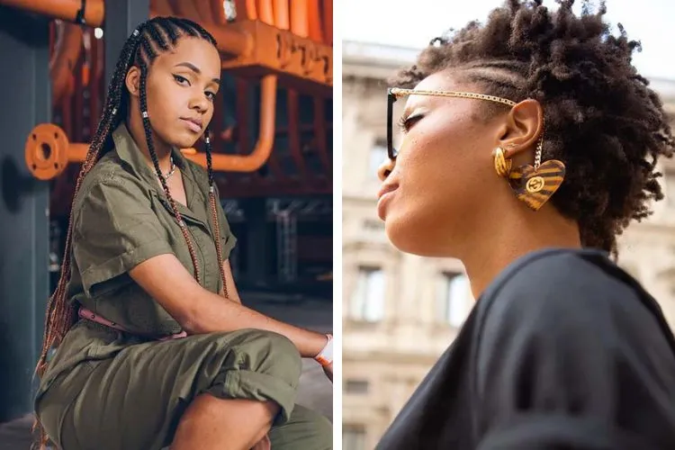 Montagem com 2 ideias de Trançado africano rente no couro cabeludo, um longo mixado com box braids e outro em cabelo crespo curto só na lateral