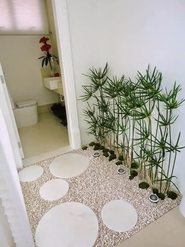 Entrada de banheiro com placas para pisar, pedras e jardim de inverno 