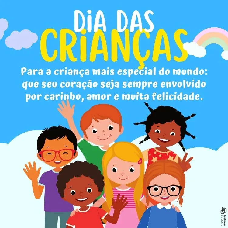 Cartão virtual de fundo azul com desenho de crianças felizes e frase "Para a criança mais especial do mundo: que seu coração seja sempre envolvido por carinho, amor e muita felicidade."