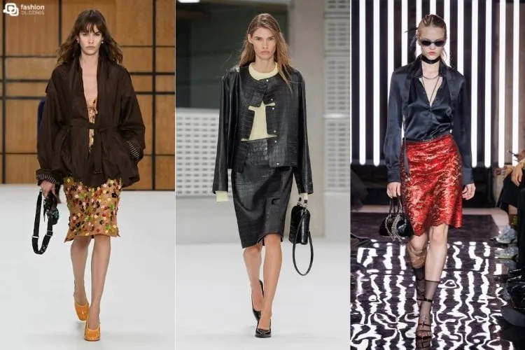 Modelos usando saia até o joelho, uma das tendências da London Fashion Week Primavera Verão 2027