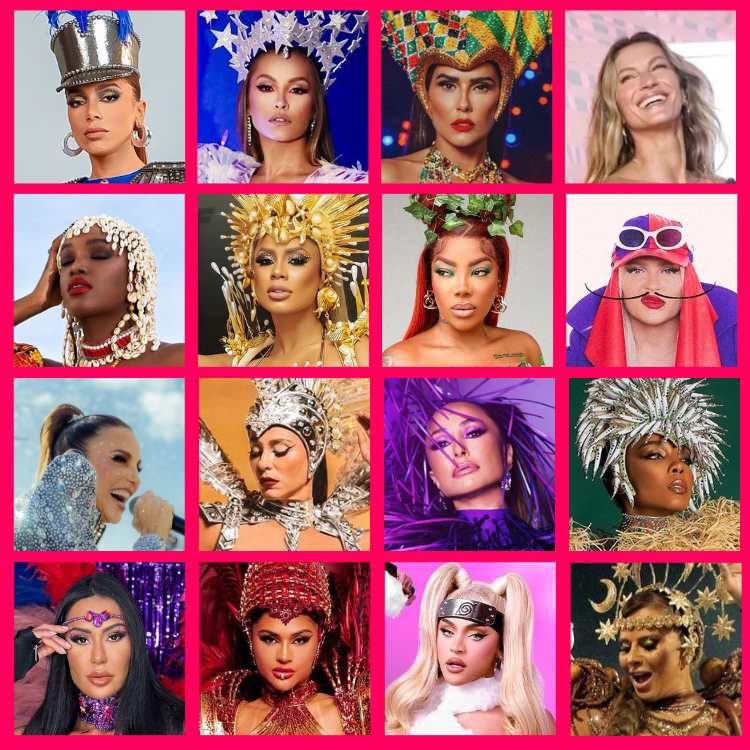 Montagem com as famosas Anitta, Carla Diaz, Deborah Secco, Gisele Bundchen, Gracyanne Barbosa, Ivete Sangalo, Iza, Lexa, Ludmilla, Luisa Sonza, Mileide Mihaile, Pabblo Vittar, Paolla Oliveira, Sabrina Sato, Thelminha e Viviane Araújo no Carnaval 2023.