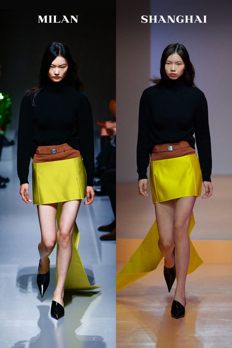 prada, milão, minissaia prada, amarelo fluor, desfile prada verão 2023 Modelos na passarela do desfile da Prada usando minissaia amarelo fluor e blusa preta