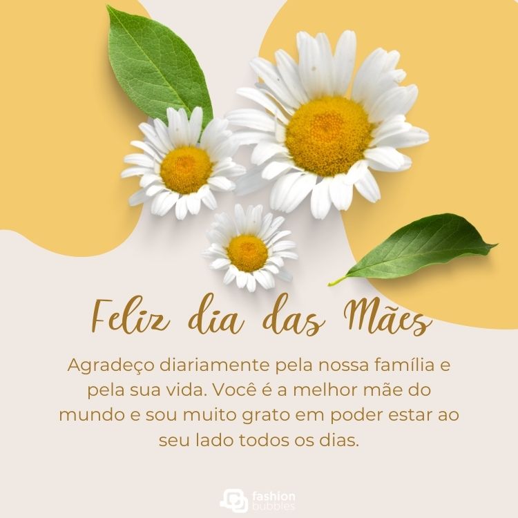 Cartão virtual com fundo claro, manchas amarelas, três margaridas e frase "Feliz Dia das Mães! Agradeço diariamente pela nossa família e pela sua vida. Você é a melhor mãe do mundo e sou muito grato em poder estar ao seu lado todos os dias."