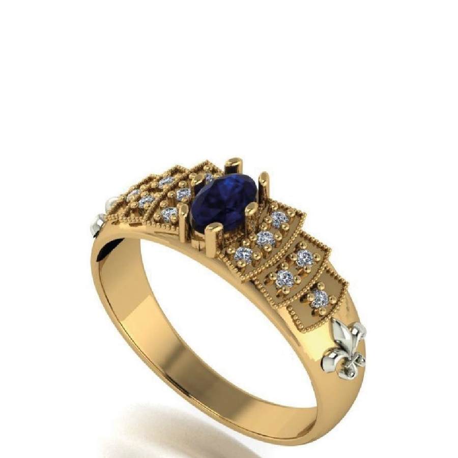 Anel dourado com brilhantes, detalhes prateados e pedra roxa