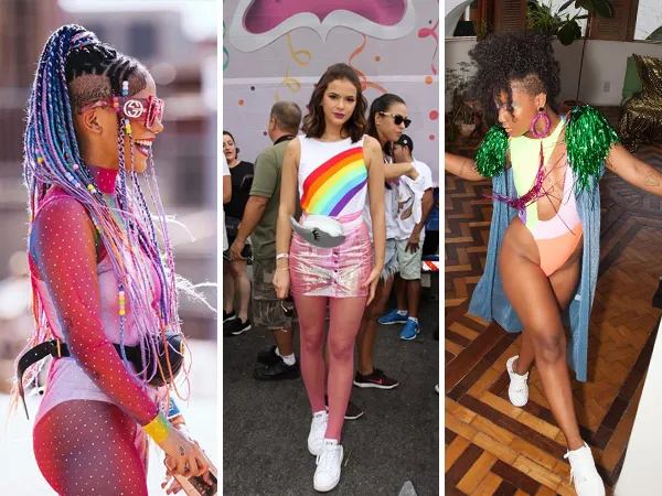 Montagem com fotos de looks de Carnaval, como Bruna Marquezine de body branco com arco-íris e saia furtacor