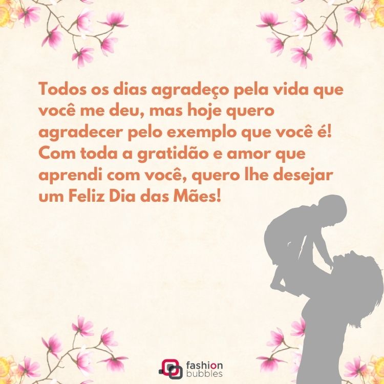  Cartão virtual de fundo rosa claro com flores e sombra de mulher segurando um bebê, além da frase "Todos os dias agradeço pela vida que você me deu, mas hoje quero agradecer pelo exemplo que você é! Com toda a gratidão e amor que aprendi com você, quero lhe desejar um Feliz Dia das Mães!"