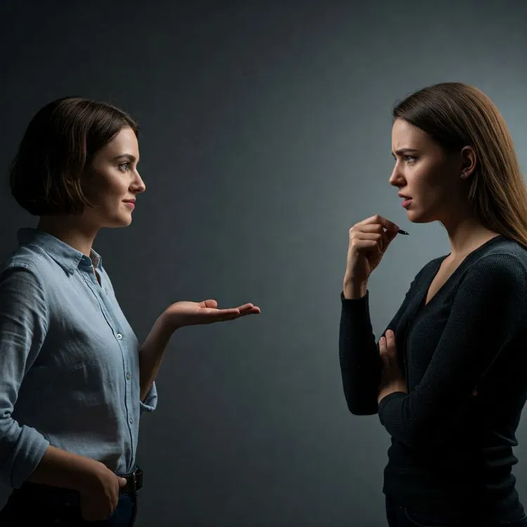 Duas mulheres jovens em estúdio escuro. Uma gesticula com a palma da mão aberta, sorrindo gentilmente. A outra, de braços cruzados, parece pensativa ou confusa, com o indicador no queixo e olhar preocupado.


Fontes





