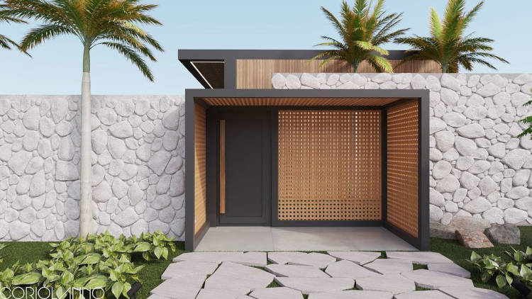 Muro revestido com pedras naturais.