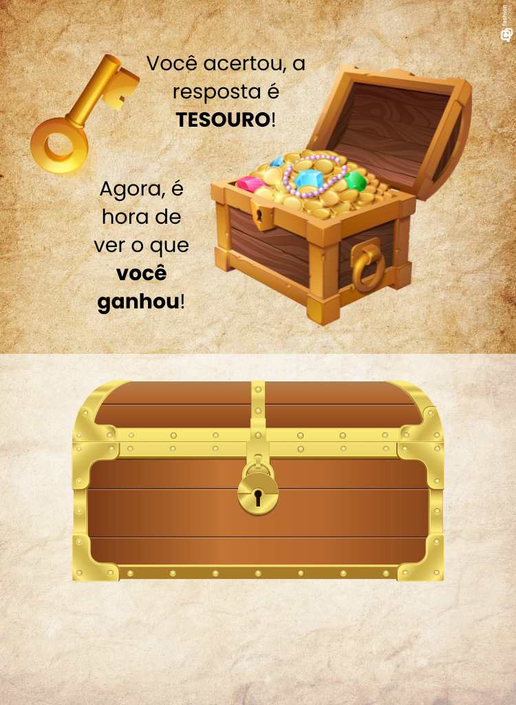 Parte de dentro do cartão dobrável para meninos, com desenho de tesouro em baú aberto, chave e baú fechado, sem frase