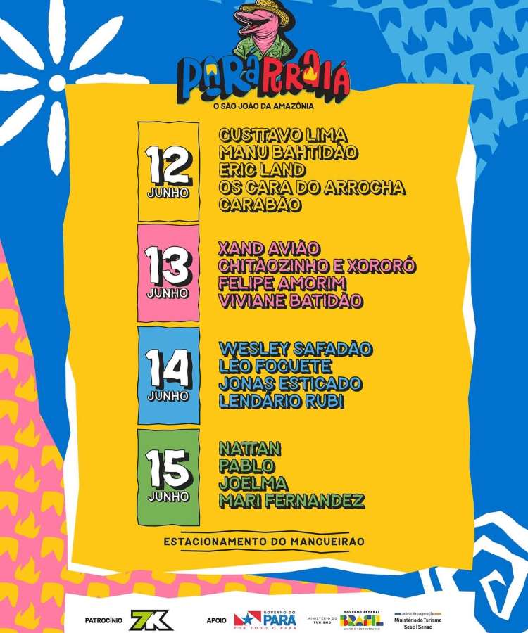 Uma imagem amarela brilhante exibe a programação do festival Pararáia, "O São João da Amazônia". Detalha as atrações de 12 a 15 de junho, com artistas como Gusttavo Lima, Chitãozinho e Xororó, Wesley Safadão e Joelma. O evento ocorre no Estacionamento do Mangueirão, com logos de patrocinadores.

