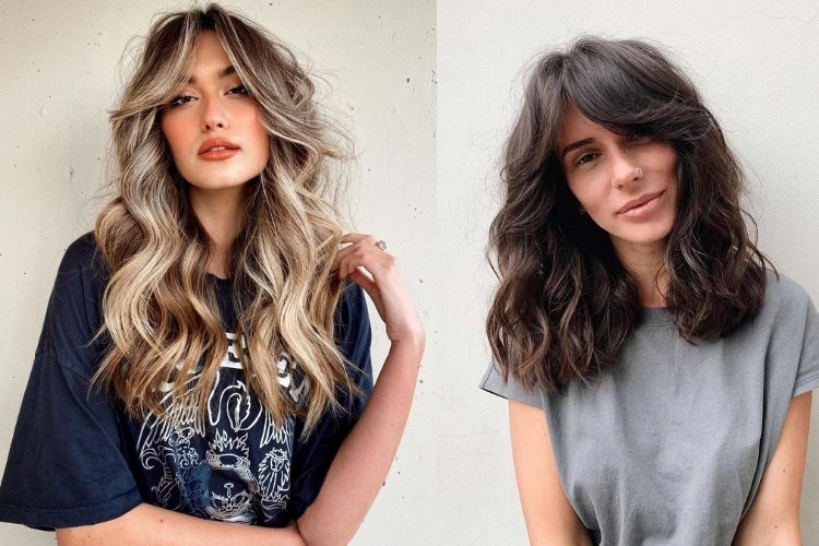 Duas fotos de mulheres com cortininha cabelo ondulado