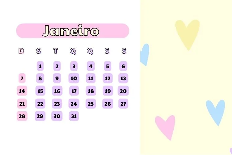 Calendário de janeiro de 2024