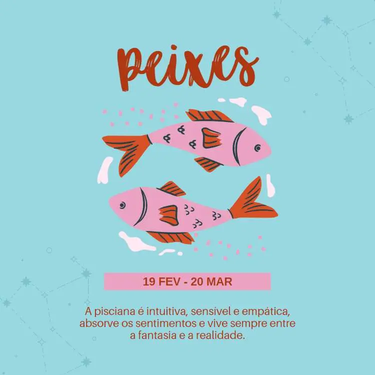 Texto "Peixes - 19 Fev - 20 Mar - A pisciana é intuitiva, sensível e empática, absorve os sentimentos e vive sempre entre a fantasia e a realidade" escrito em fundo azul com desenho de dois peixes.