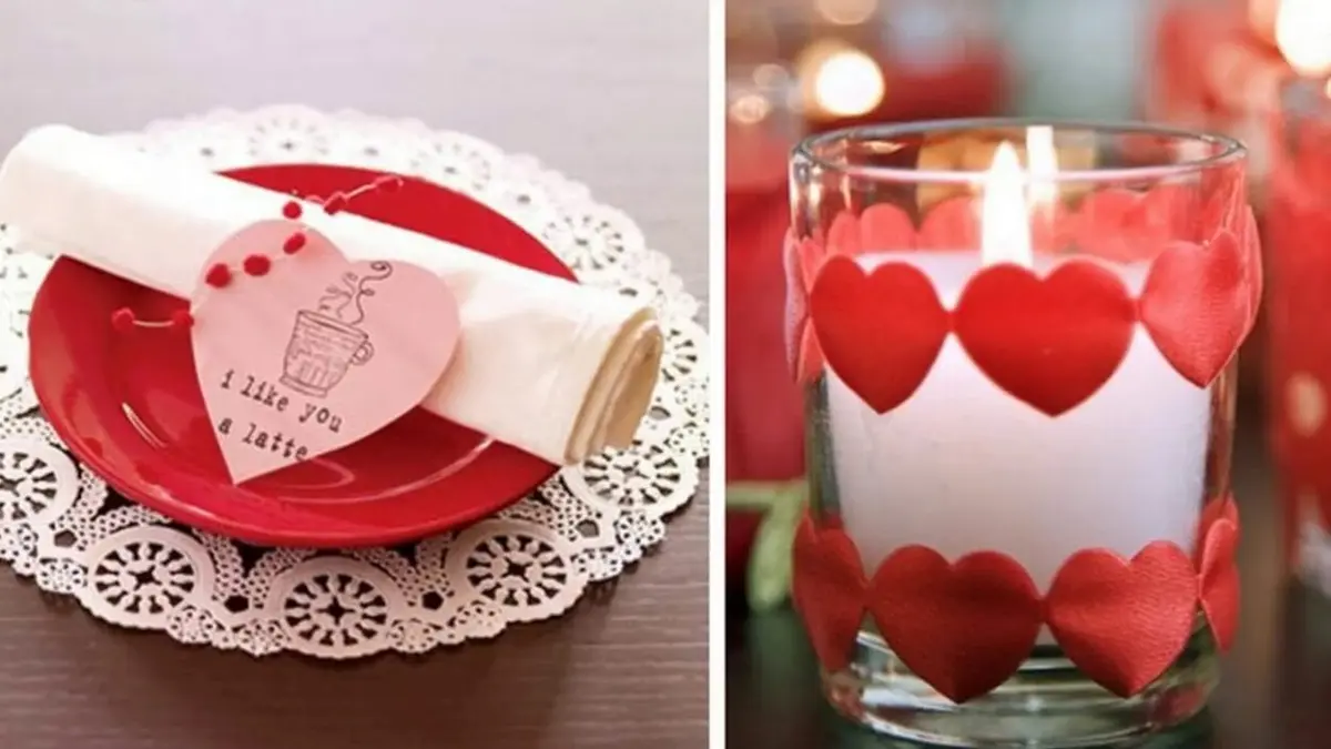 Montagem com foto de sousplat, prato vermelho e guardanapo de papel e vela com corações