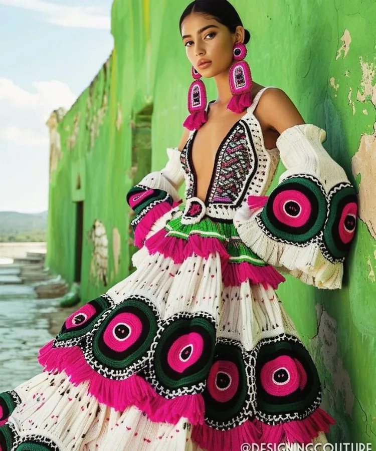 Uma modelo posa com um vestido de crochê branco com decote em V profundo. O vestido apresenta padrões circulares vibrantes em verde, rosa e preto, com franjas e mangas largas e folhosas. O fundo é uma parede verde com janelas. Fontes