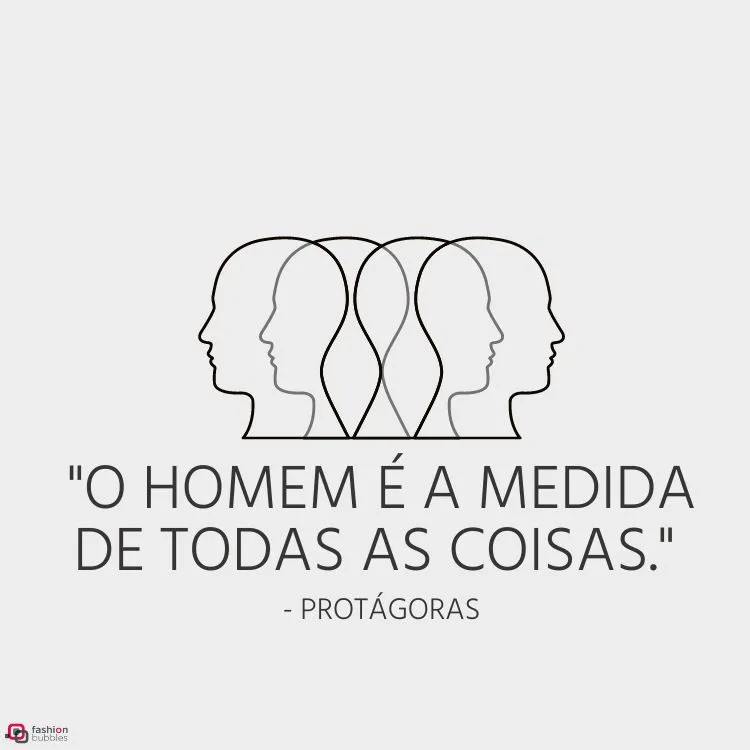 Cartão virtual de fundo off white com desenho de contornos de pessoas de perfil e frase "O homem é a medida de todas as coisas." - Protágoras