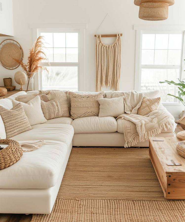 Uma sala de estar boho-chic com um amplo sofá em L de cor clara, adornado com diversas almofadas para sala e mantas em tons neutros e texturizados. Um tapete de juta e uma mesa de centro de madeira rústica complementam o ambiente. Decorações de parede em macramê e cestaria adicionam charme.







