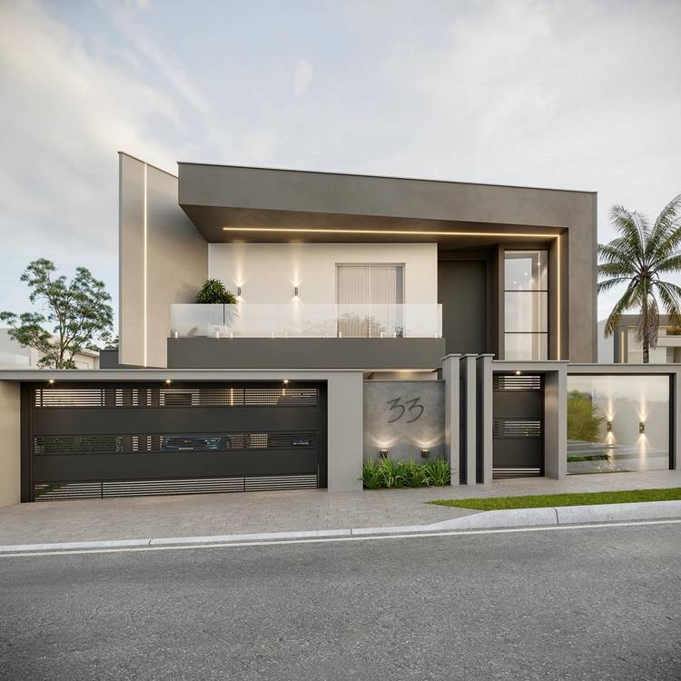 Fachada de casa moderna, com design limpo e linhas retas, predominantemente em tons de cinza. Ela tem uma garagem, uma varanda, uma entrada principal e plantas na frente. O número 33 está na parede ao lado da porta. A casa está iluminada pelo crepúsculo