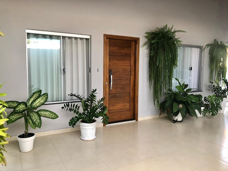 Varanda de casa com uma porta de madeira, janelas de vidro e plantas em vasos, como zamioculca, costela de adão e samambaias
