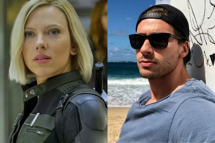 Montagem com duas fotos, sendo uma da atriz Scarllet Johansson e outra do seu irmão gêmeo Hunter Johansson - famosos com irmãos gêmeos