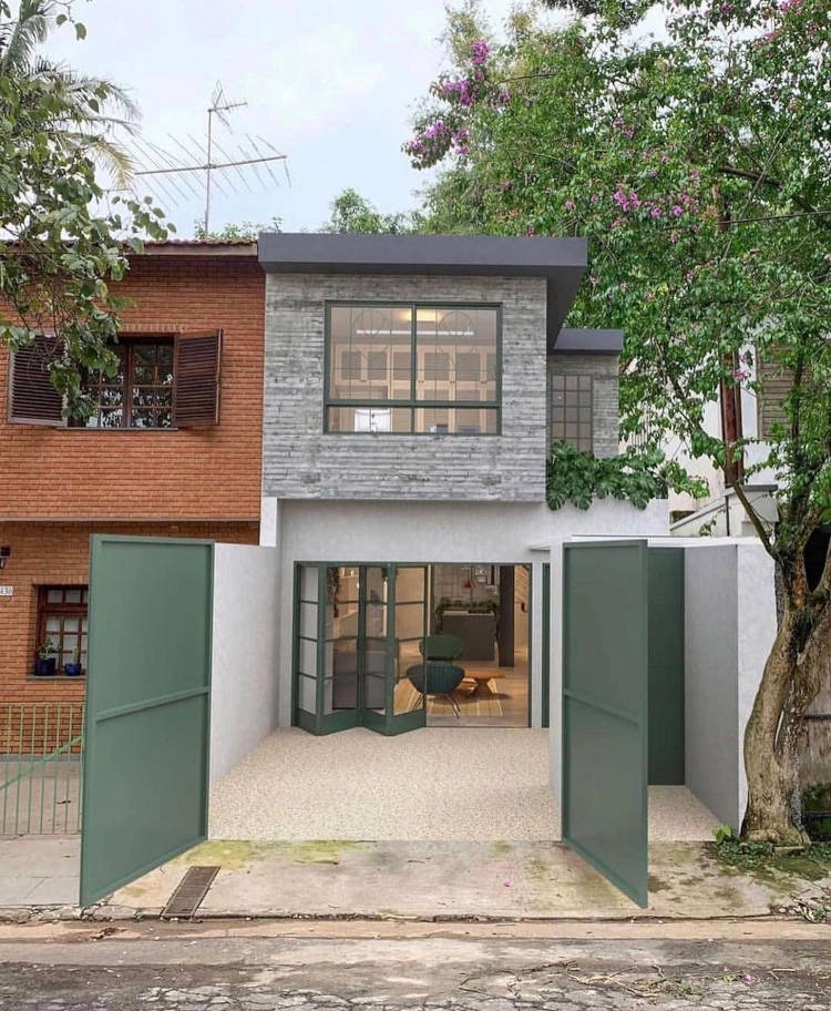Sobrado pequeno com fachada moderna.