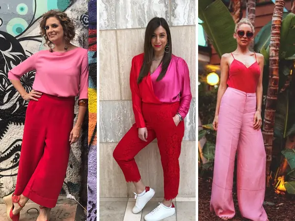 Montagem com 3 fotos de mulheres de pele clara: a primeira usa blusa rosa com calça vermelha; a segunda usa blusa vermelha e rosa com calça vermelha e a terceira usa regata vermelha com calça de alfaiataria rosa