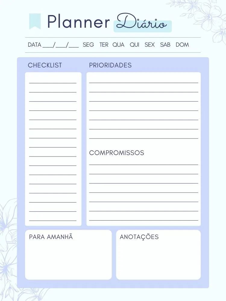 Planner diário na cor azul, com categorias como checklist, prioridades e compromissos.