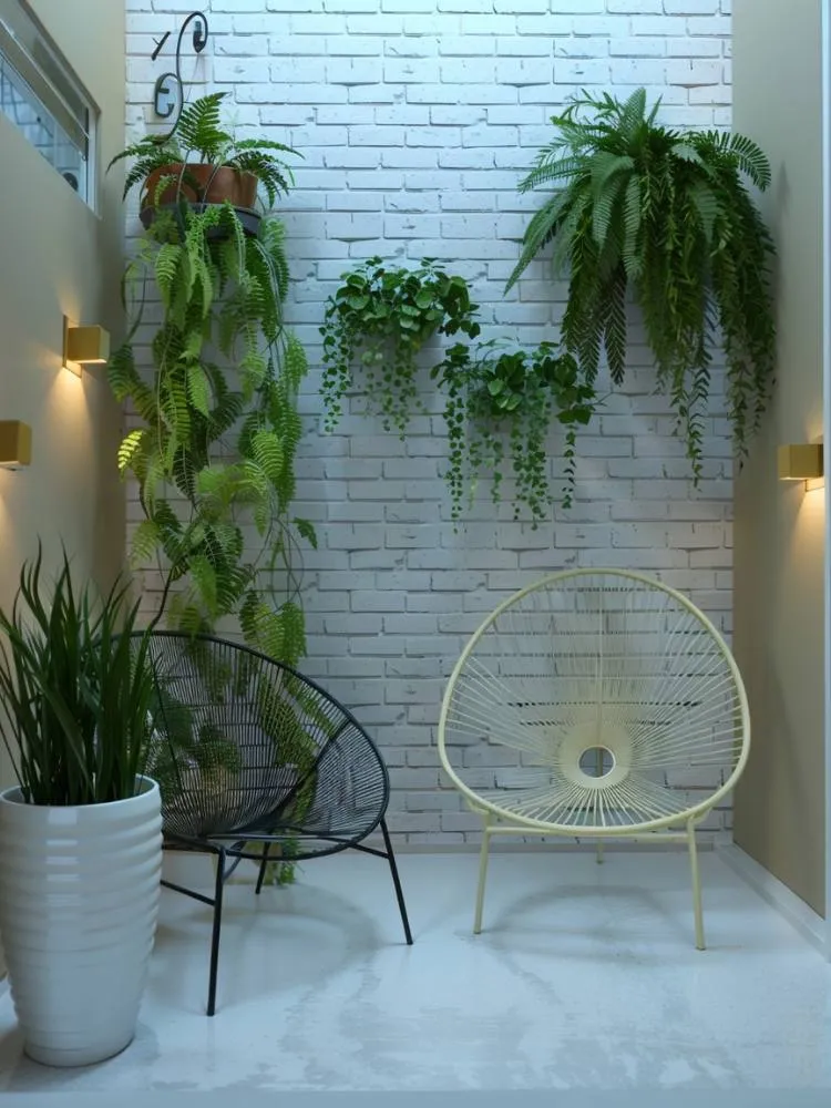 Jardim de inverno com vasos no chão e suspensos e duas cadeiras redondas, uma bege e outra preta 