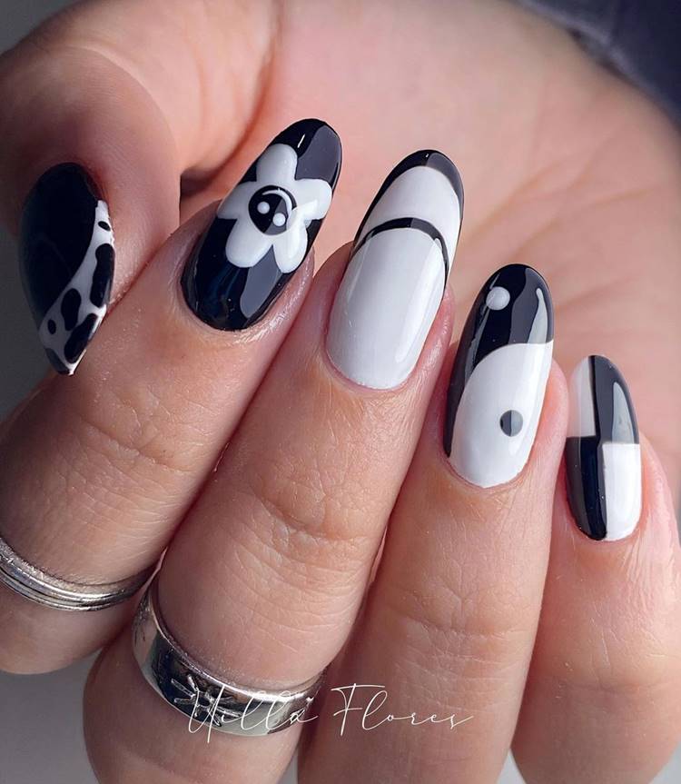 Unha preto e branco decorada com estampa de vaquinha, xadrez, carinha, etc