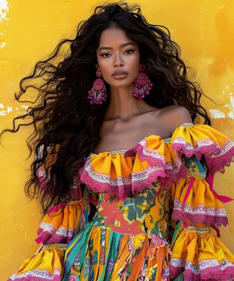 Uma modelo com cabelos longos e ondulados posa com um vestido de ombros de fora, amarelo vibrante com detalhes em babados rosa e laços de fita. O vestido tem uma estampa floral colorida e mangas em camadas. A modelo usa brincos de miçangas rosa.


