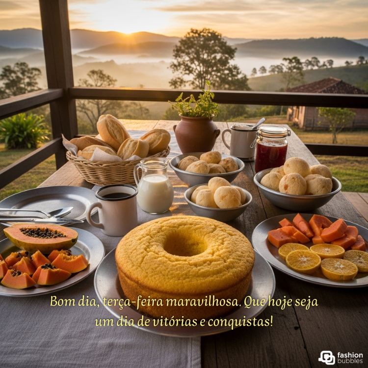 A imagem apresenta uma mesa de café da manhã farta com pães, bolo, pão de queijo, mamão e laranja, disposta em uma varanda com vista para um vale montanhoso e enevoado ao nascer do sol. A frase "Bom dia, terça-feira maravilhosa. Que hoje seja um dia de vitórias e conquistas!" está sobreposta.







